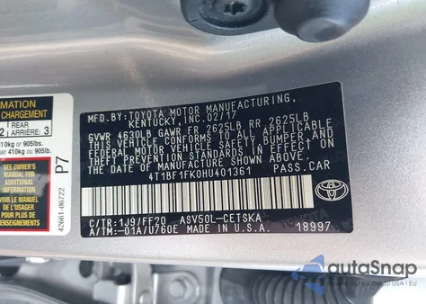 2017 Toyota Camry Le/Xle/Se/Xse z USA, uszkodzony, nr VIN 4T1BF1FK0HU401361
